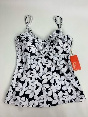 Leilani Black and White Floral Twist-Detail Swimsuit Tankini top Size 16 New NWT